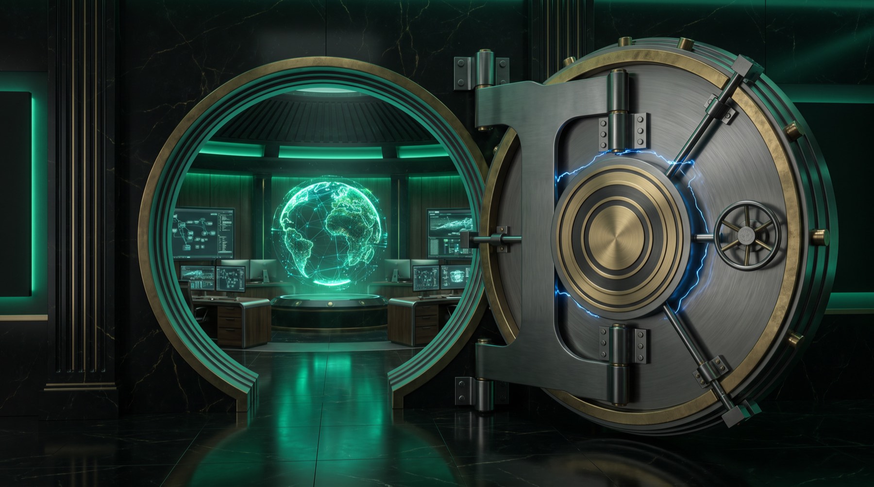 A round vault door swung open onto an emerald-lit control room with a holographic globe