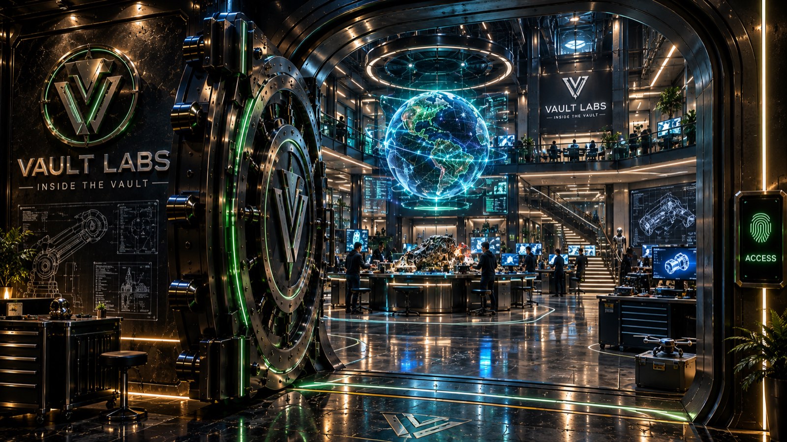 The Vault Labs floor: a giant vault door, a holographic globe and engineers at work